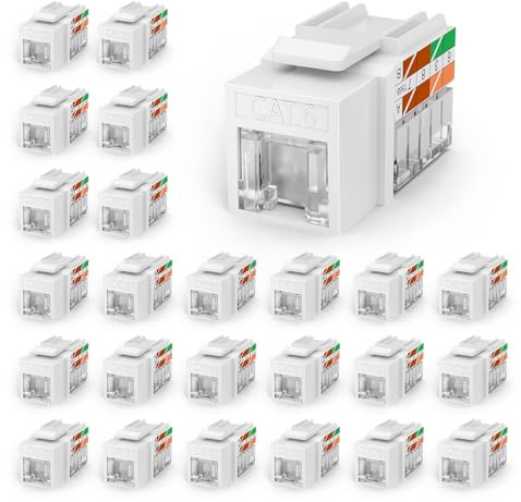 VCELINK RJ45 Cat6 Keystone Jacks, Dust-Proof Keystone Jacks,Slim Profile 25-Pack, 90-Degree Punch Down Ethernet Modular Jacks, UTP Keystone Jack Adapter, White