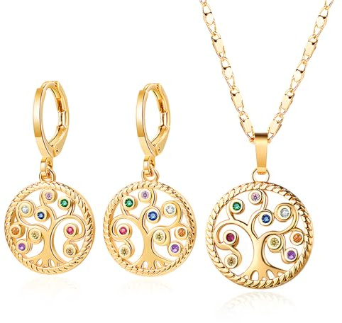 FDEETY Conjunto Joyas Árbol Vida Redondo Colgante Collar Pendientes Cristales Multicolor Acero Inoxidable Dorado Mujer