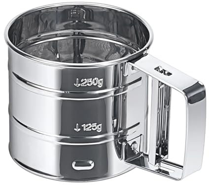 Setaccio Farina in Acciaio Inox, Spargi Zucchero a Velo con Manico ad Azionamento Singolo, Setaccio da Cucina Multifunzionale per Farina, Spezie in Polvere - Capacità 250 Grammi