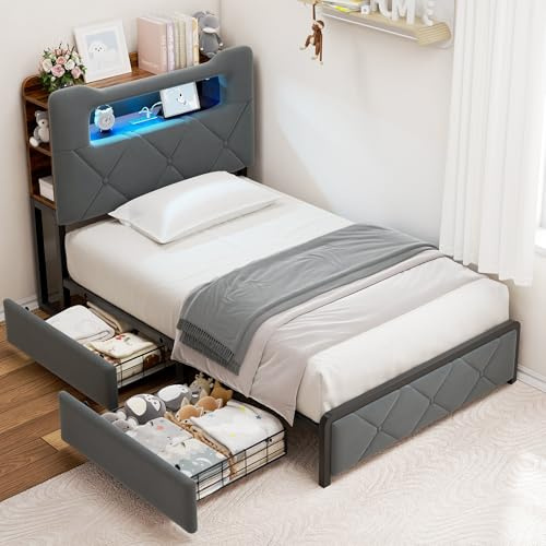 Jocoevol Twin Upholstered LED Bed Frame with 2 Storage Drawers and 2-Tier Storage Bookcase Headboard, Velvet Platform Bed for Kids/Girls/Boys, Heavy Duty Metal Support, No Box Spring Needed, Grey