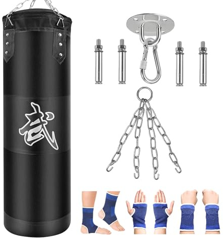 Sacco da Boxe appeso Adulto Kit : Marziali MMA Sacchi Pugilato Kick Boxing Muay Thai (Nessun Riempimento) resistente Sacco da boxe (nero)