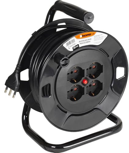BTICINO Avvolgicavo S2620, Prolunga Elettrica 20 Metri, 4 Prese Polivalenti Schuko Bipasso, Spina Grande 16A, Interruttore Termico, Maniglia Ergonomica, Ferma Cavo e Avvolgicavo, Full Black