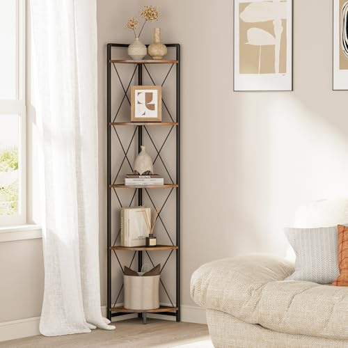 Cerlyunzan 5 Tier Corner Shelf Stand, 64 H Tall Industrial Corner Bookshelf for Living Room Decor, Metal Corner Shelf, Plant Stand Display Shelf for Bedroom, Bathroom, Small Space, Rustic Brown