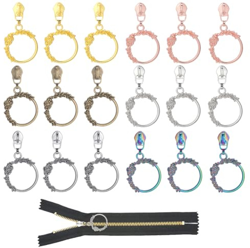 GORGECRAFT 18 tirettes de Fermeture Éclair 6 couleurs Alliage Métallique Coloré Motif Floral Feuilles Fermetures à Glissière de Rechange pour Sac à Main Artisanat Vêtements Manteaux Vestes Accessoires