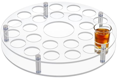 Peacoblue 25 Shotglas-Tablett-Halter mit Schwerem Sockel – Weiß, Transparenter Runder Acryl-Shotglas-Organizer mit Zentralem Flaschenfach für Partys, Clubs & Hausbars