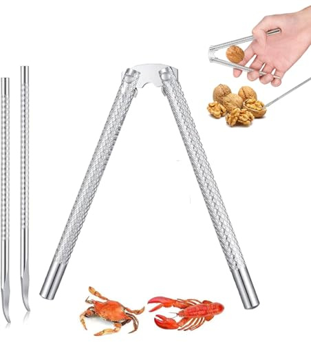 Schiaccianoci e pinze per castagne in metallo pesante, apridadi, nocciole, granchi e aragoste, set con 2 puntine per conchiglie, schiaccianoci professionale e multiuso (argento)