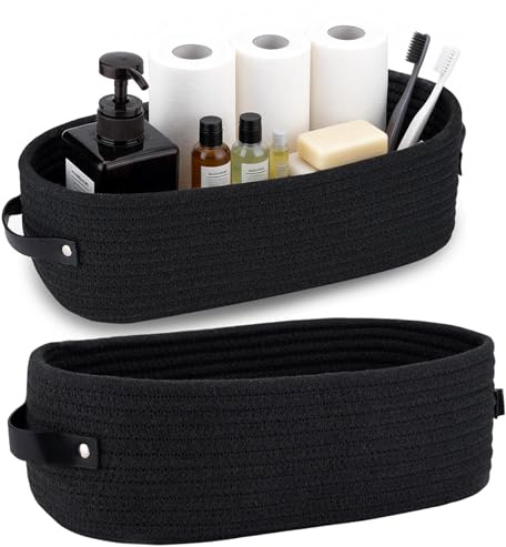 TIANLIN 2 Piezas Cesta de Almacenaje Tejida de Cuerda de Algodón, Tamaño 33×15×10 cm, Pequeñas Cestas de Almacenaje con Asas de Cuero para Baño, Dormitorio, Cocina y Estantería (Negro)
