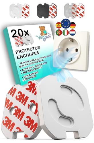 VegMai®[20 Unidades] Protector Enchufes Seguridad Infantil Con Mecanismo De Giro Y Adhesivo 3M Ideal Para Bebes Niños Y Pequeños En El Hogar. Schuko Europeo Tapas Color (BLANCO)