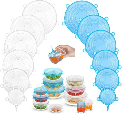 Silicone Stretch Lids, 12PCS Zero Waste Reusable Container Covers | for Leftover Food Fruit Bowls Pots Cups Jars Dishes, Dishwasher Safe, Blue & White (Six Sizes)