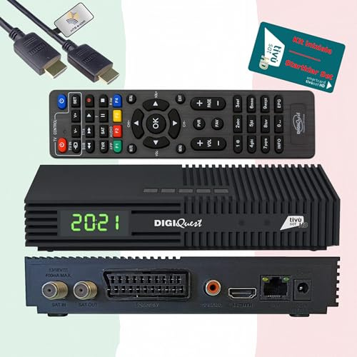 DIGIQuest Ti9 Full HD Récepteur satellitaire Tivùsat certifié avec carte HD activée – Télévision italienne (RAI, Mediaset, LA7) Hotbird 13°E – DVB-S2, HEVC, PVR, alimentation 12V – câble HDMI inclus
