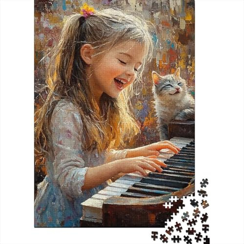 Fillette Piano Scène Puzzle 1000 Pièces pour Adultes Chat Décoration Murale
