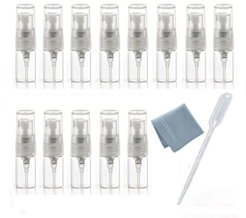 Elfenstall- 10pcs Mini Clear 2ml 5/8 Dram Fine Mist Atomizer Vial Glass Bottle Spray Refillable Perfume Empty Sample Bottle Clean Cloth for Travel Party Free 3ML Dropper