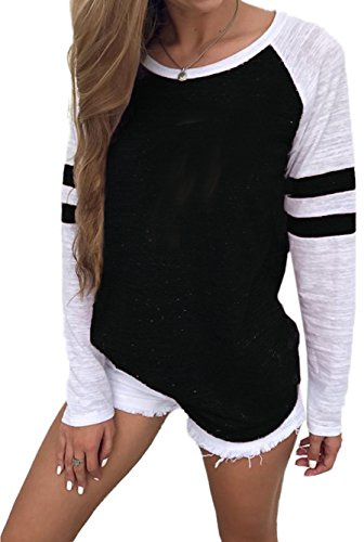 Famulily, Maglietta in stile baseball a maniche lunghe, girocollo, a righe con blocchi di colore, da donna - nero - L