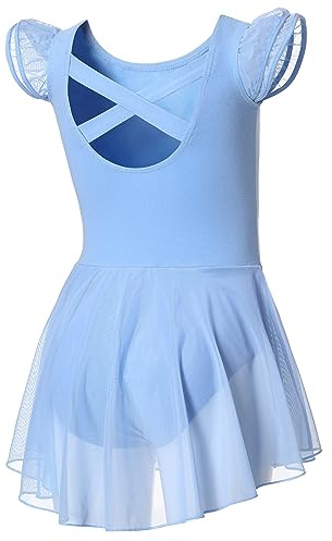 DIPUG Ballet Leotards for Girls Toddler Dance Leotard Flutter Sleeve and Criss-Cross Back Blue Size 4-6
