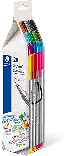 STAEDTLER Fineliner triplus, ergonomische Dreikantform, superfeine 0,3mm Spitze, lange Lebensdauer, DRY SAFE, PP-Schaft, 20 Fineliner in nachhaltiger Kartonverpackung, 334 CG20