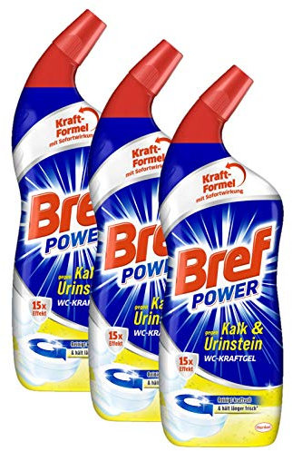 Bref Power WC-KraftGel 15x Effekt gegen Kalk und Urinstein, WC Reiniger für kraftvolle Reinigung, 3er Pack (3 x 750 ml)