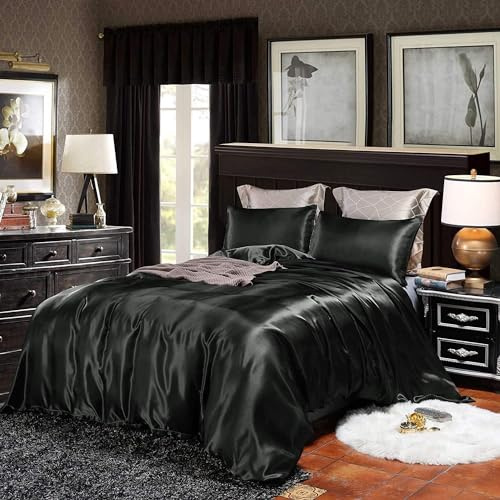 Silke som satin sängkläder set hotellkvalitet svart påslakan set king size sommar vändbart täcke/täcke täcke smekmånad sexig lyx mjuk mikrofiber bondgård rum dekorativ