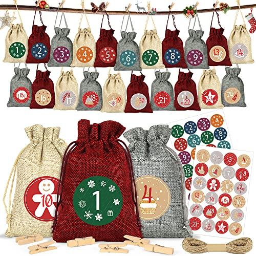 Calendrier de l'Avent, Calendrier Avent a Remplir,Sac Calendrier de l'avent Noel,Sachets en Jute pour Calendrier DIY Cadeaux Sacs à avec 1-24 Autocollants pour DIY Pochon Calendrier Noël Décorations