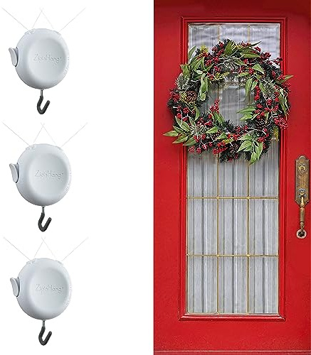 Zip 'n Hang Wreath Hanger for Front Door – Damage Free Adjustable Door Wreath Hanger for Glass, Screen & Standard Doors, Christmas Wreath & Decor Hook (White - 3 Pack)