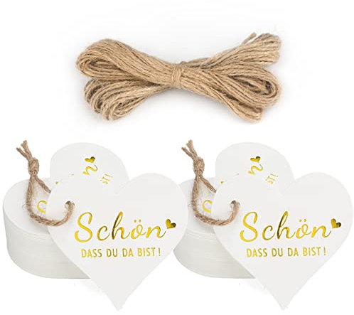 jijAcraft Schön DASS DU DA BIST Anhänger: Herz Papier Geschenkeanhänger 6CM Weiß Papier Anhänger für Hochzeit 100 Stück Papieretiketten mit Schnur für Kommunion, Gastgeschenke