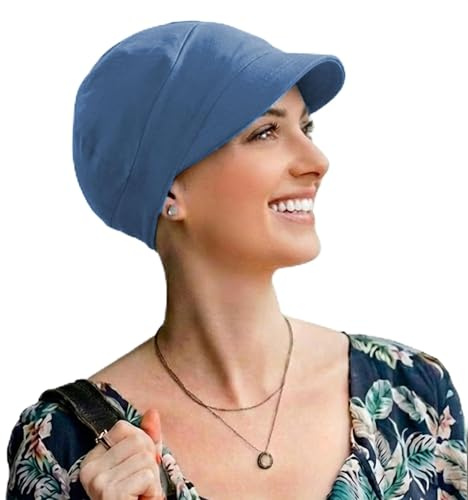 CAREBELL Gorra Oncológica/Modelo Capri/con Visera/Tejido de Bambú/Quimioterapia y Alopecia/Pieles Sensibles/Pérdida de Cabello/Azulón