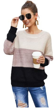 HEYPORK Damen Herbst Winter Warm Bequem Pullover Casual Mode Strickjacke Strickpullover Frauen Lose dreifarbige Patchwork Rundhals Langarm Strickwaren(Schwarz, S)