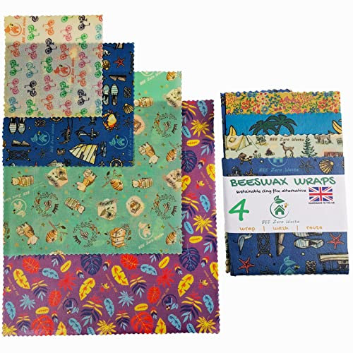Beeswax Wraps |UK HANDMADE |Random Colours | BEE Zero Waste| GOTS Organic cotton | reusable washable food storage (Pack of 4)
