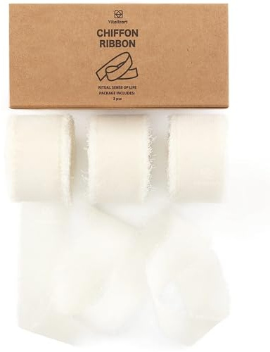 Vitalizart Nastro in Chiffon Setoso Crema 2,5 cm x 19,2 m, Tessuto con Frange, Confezione Ecologica per Inviti a Nozze, Bouquet da Sposa, Decorazioni, Confezioni Regalo e Creazione di Nodi