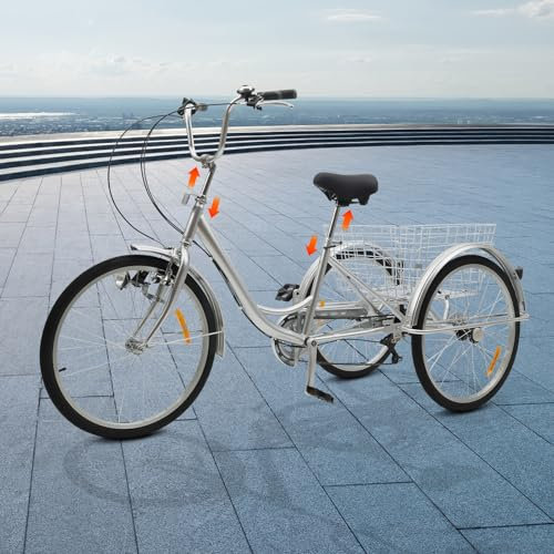 Adult Tricycle 24 In Tricycle 6 Speed Tricycle mit Korb Einstellbare 3 Rad Fahrrad Senior Dreirad Erwachsene Dreirad City Bikes mit Schutzblech, 120kg Max Last, Schleifen Rad Licht (Silber)