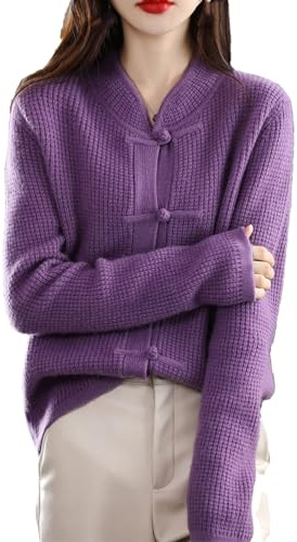 Alloaone kvinnor ullcardigan vardaglig stickad halvhög krage stickad kashmirjacka, V L, XL