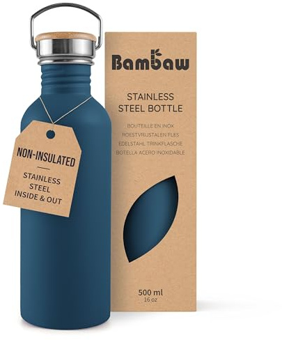 Bambaw Stainless Steel Water Bottle 16 oz, Navy Blue Sports Bottle, Non-Insulated Single Wall, Children's Small Metal Water Bottle, 500 ml, Reusable – Aegean Blue