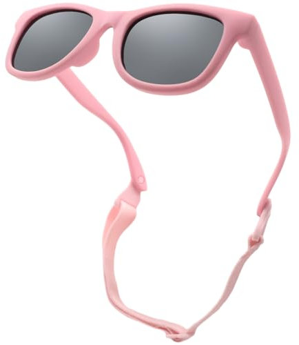 LOJUDI Baby Sonnenbrille Polarisierte mit Riemen Verstellbar Weicher Silikonrahmen für 0-24 Monate-Rosa/Grau