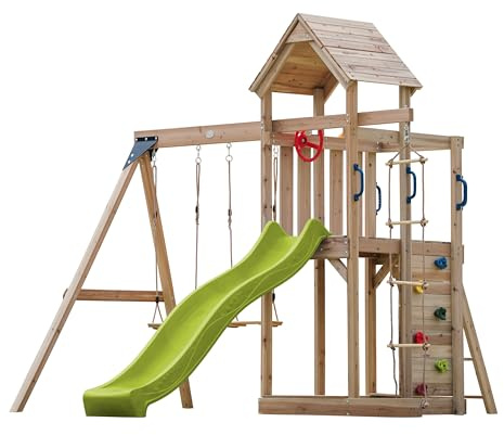 AXI Moos Casetta in Legno Bimbi Completa, 2 Altalene, Scivolo Giallo, Scala di corda/Parco giochi all'aperto con Altalene/Sabbiera/Muro di Arrampicata | Casetta in legno da esterno su palafitte