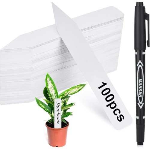 DOETYD 100 pièces étiquettes en plastique pour plantes, 10x2cm imperméables accessoires jardinage étanche de jardin blanc avec 1 Marqueurs pour légumes, plantes et semis