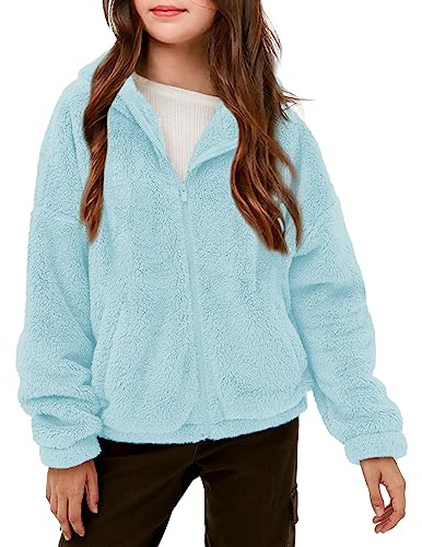 Haloumoning Vestes polaires pour filles Enfants Doux Fuzzy Sweat à capuche Manteau d'hiver Veste, bleu ciel, 13-14 ans