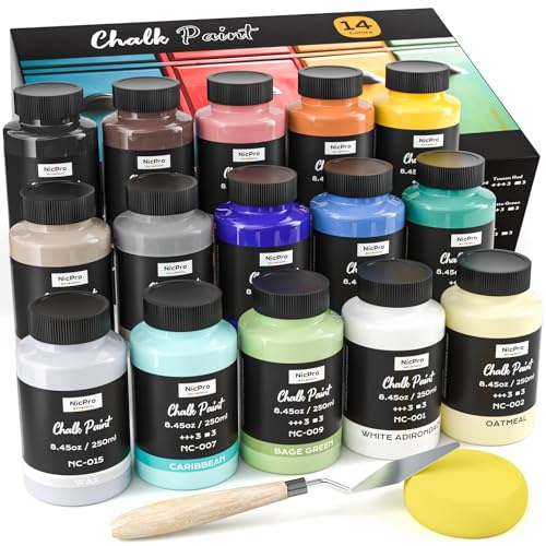 Nicpro 14 Colors Chalk Paint for Furniture, Ultra Matte Finish Acrylic Craft Paint Set (8.45 oz, 250ml) Chalk Furniture Paints with Liquid Wax, Color Wheel for Crafts, Home Decor, Beginner and Artists