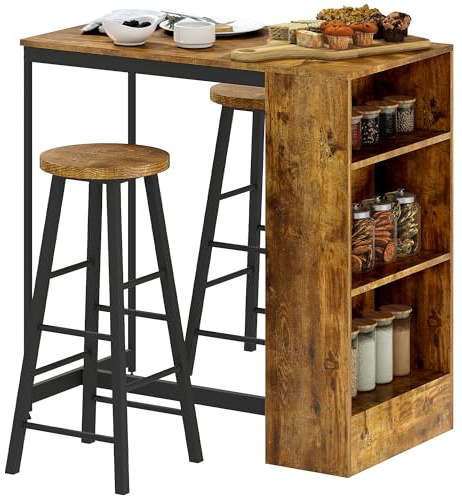 HOMCOM Set da Pranzo con Bancone da Bar e 2 Sgabelli Alti, Tavolo Alto con 3 Ripiani Laterali e Sgabelli con Poggiapiedi Stile Industriale, Marrone