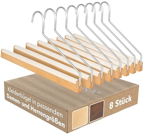 SUITS VIENNA® Hosenbügel Holz | 8 Stück | Stabile Hosenhalter für schwere Hosen | Hosenbügel rutschfest mit Spezialbeschichtung | Kleiderbügel Hosen für Jean, Chino, Anzughose (Natural - 35 cm)