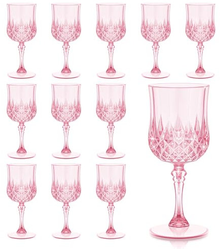 12 Pcs Pink Wine Glasses, Plastic Disposable Goblets Champagne Cups Drinking Glasses for Parties, Daily Home Use, Hotel, Bar, Restaurant, Lounge Use, Weddings or Grand Events (Pink)