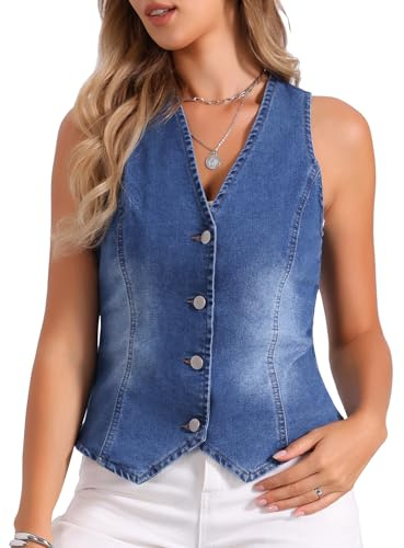 Allegra K Gilet Jeans Donna Estivo Gilet Elegante con Bottoni Scollo A V Giubbotto Senza Maniche Giacca In Denim Blu L