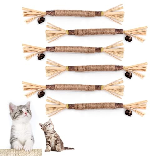 ANMOYIXIA Lot de 6 bâtonnets d'herbe à chat - En bois à mâcher - Pour les soins dentaires et la mauvaise haleine - Naturellement sûrs - Jouet à mâcher pour chat