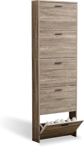 CATAVANA Scarpiera salvaspazio slim 60 cm in legno chiaro, scarpiera da ingresso con 5 ante, scarpiera 15 paia, design moderno alto e stretto, ideale come portascarpe ingresso