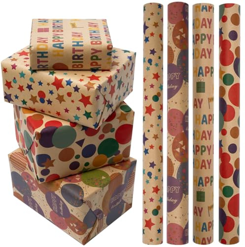 4 Rolls 43cm*3m Birthday Gift Wrapping Paper, Recyclable Kraft paper Roll Print Dots Star Gift,Suitable for Birthday, Party, Wedding, Festival Gift Decorations