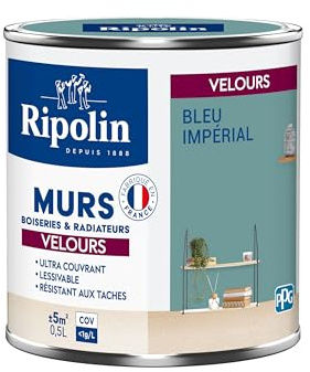 RIPOLIN - Peinture Intérieure Multi-Supports – Murs, Boiseries & Radiateurs – Ultra couvrante - Monocouche - Confort d'application - Aspect Velours - Bleu Imperial - 0,5L