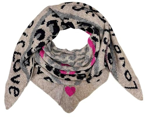 J26 Bufanda triangular XXL Love Leopard Invierno Unisex Triángulo Bufanda de punto Leo Bufanda de lana estola paño bordado, Beige Rosa, 210 x 85cm
