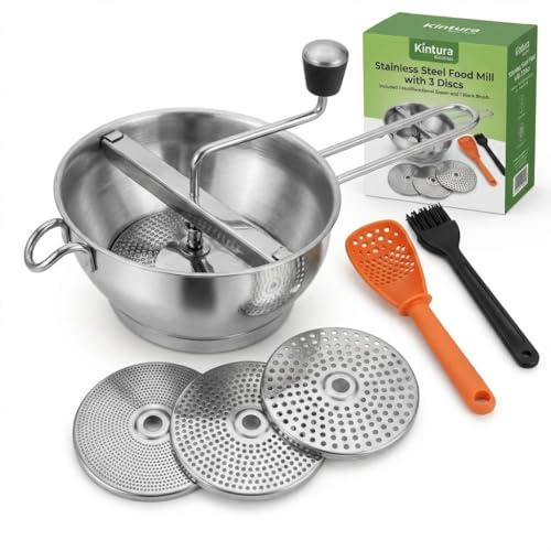 Stainless Steel Food Mill with 3 Milling Discs, Rotary Hand Crank with Silicone Handle, Ergonomic Design for Tomato Sauce, Applesauce, Mashed Potatoes, Puree, Jams and Baby Food, Dishwasher Safe