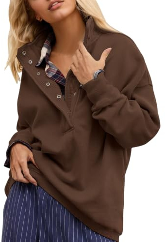 Dam överdimensionerad Henley sweatshirt knäppkrage fleece pullover | Mjuk bomullsblandning, tryckknapp Henley-hals, quiltad knappslå detalj, hängande axel, ribbad finish, vardagsskikt