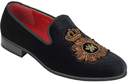 Xposed Mens Velvet Loafers Bee & Crown Embroidered Motif Vintage Dress Shoes Slip on Slippers[A2556H,12UK,Black]