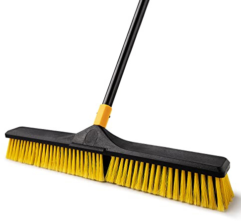 Yocada 24 inch Push Broom Brush 65.3 inch Long Handle Stiff Bristles Heavy-Duty Outdoor Commercial Broom for Cleaning Bathroom Kitchen Patio Garage Deck Concrete Wood Stone Tile Floor
