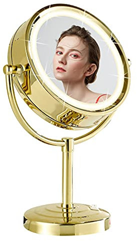 DOWRY Kosmetikspiegel mit Beleuchtung,Schminkspiegel Stehend,Tischspiegel Gold,Vergrößerungsspiegel mit Licht 7 Fach,Doppelseitige Spiegel,Ø21.5 cm
